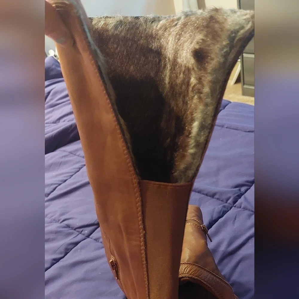 Lucky Brand Generall Tall Leather Riding Boots Fur Cuff